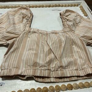 American Eagle Outfitters Cream Striped Puff Sleeve Crop Top